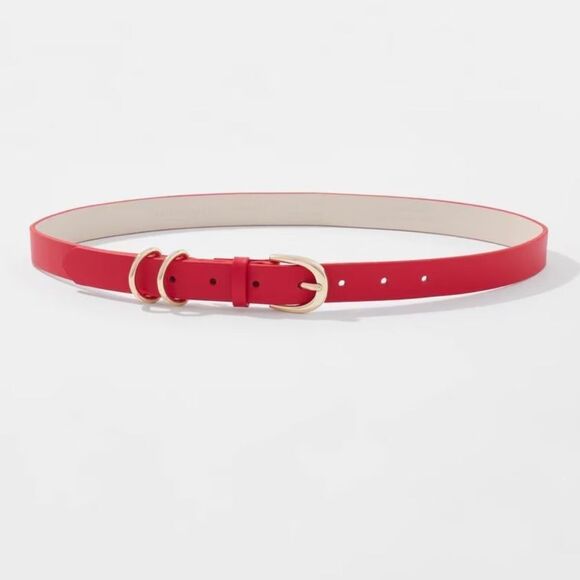 WHBM M Red Gold Tone Double D Detail Round Buckle Leather Pant Belt main image 11